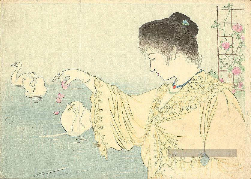 femme et blanc cygnes 1906 japonais Peintures à l'huile